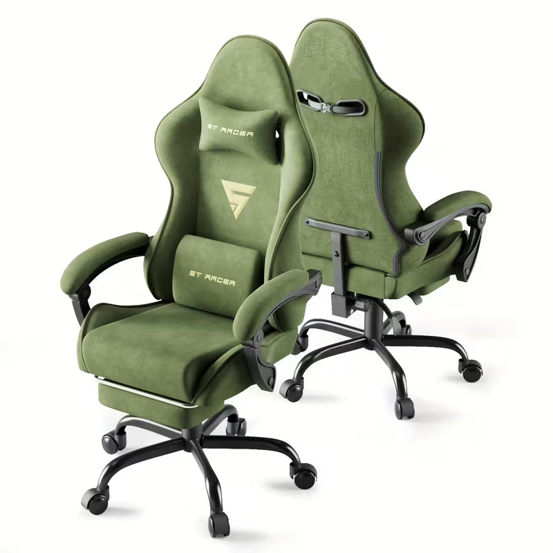 Ferghana Velvet Fabric Ergonomic Gaming Chair with Footrest and Massage High Back Reclining Computer Gamer Chair for Adult Racing Style PC Video Game Chair Suitable for Home Office (Green)
