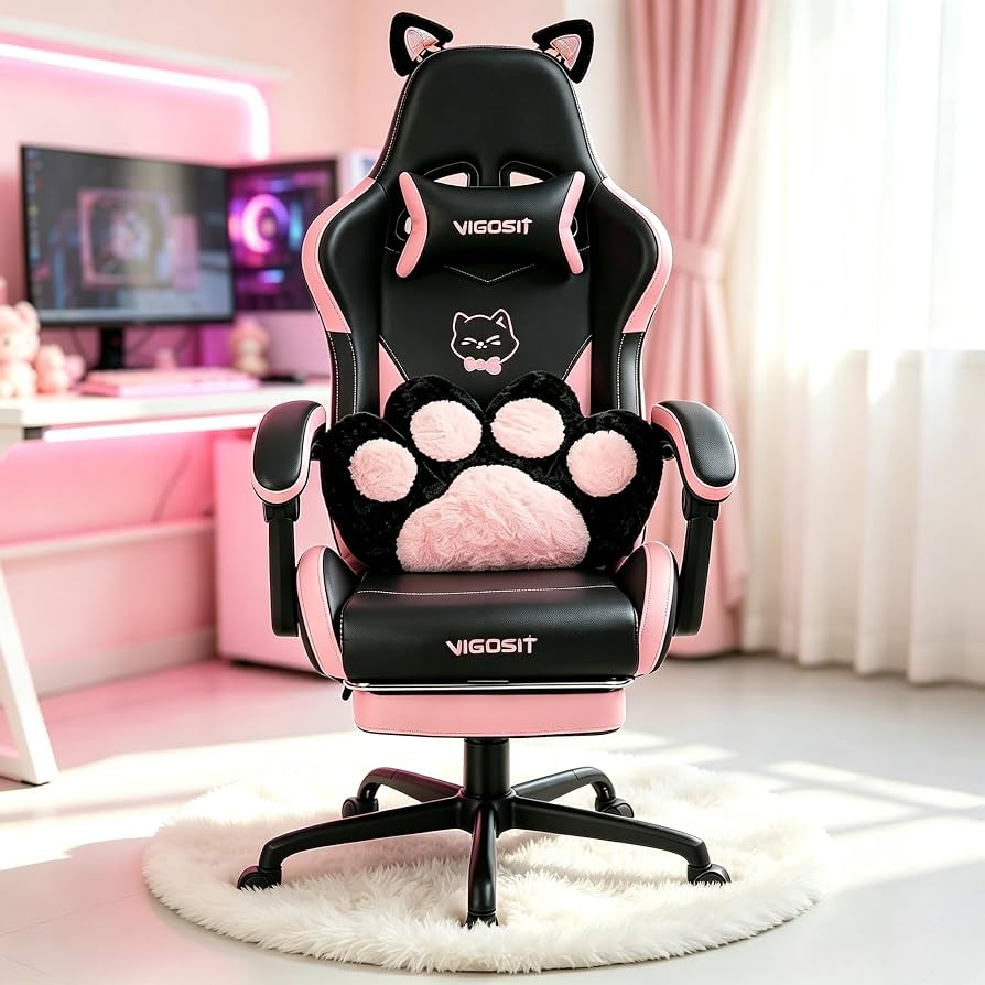 Vigosit Cute Gaming Chair with Cat Paw Lumbar Cushion and Cat Ears Ergonomic Computer Chair with Footrest Reclining PC Game Chair for Girl Teen Black Pink