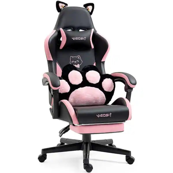 Vigosit Cute Gaming Chair with Cat Paw Lumbar Cushion and Cat Ears Ergonomic Computer Chair with Footrest Reclining PC Game Chair for Girl Teen Black Pink