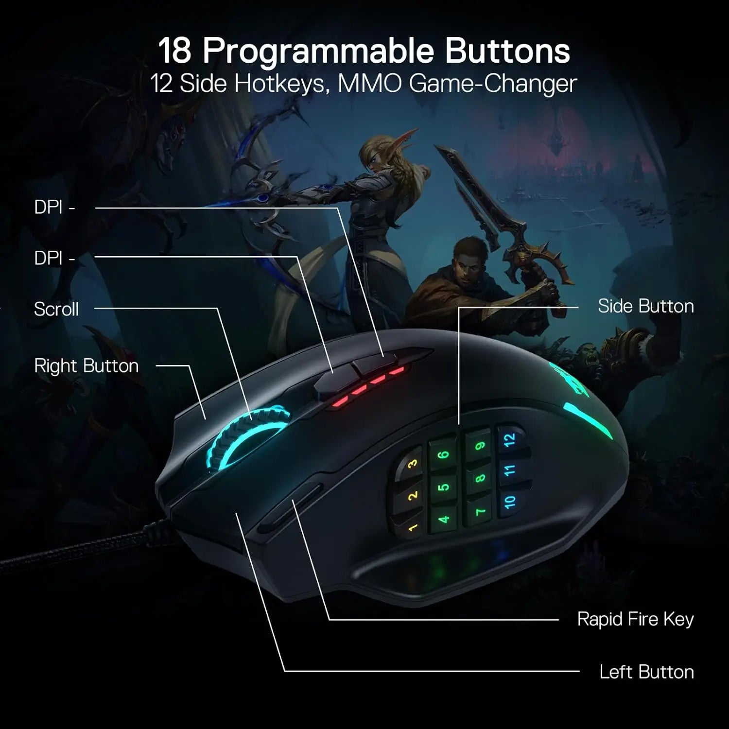 Redragon M908 | Wired Gaming Mouse — 18 Programmable Buttons | RGB