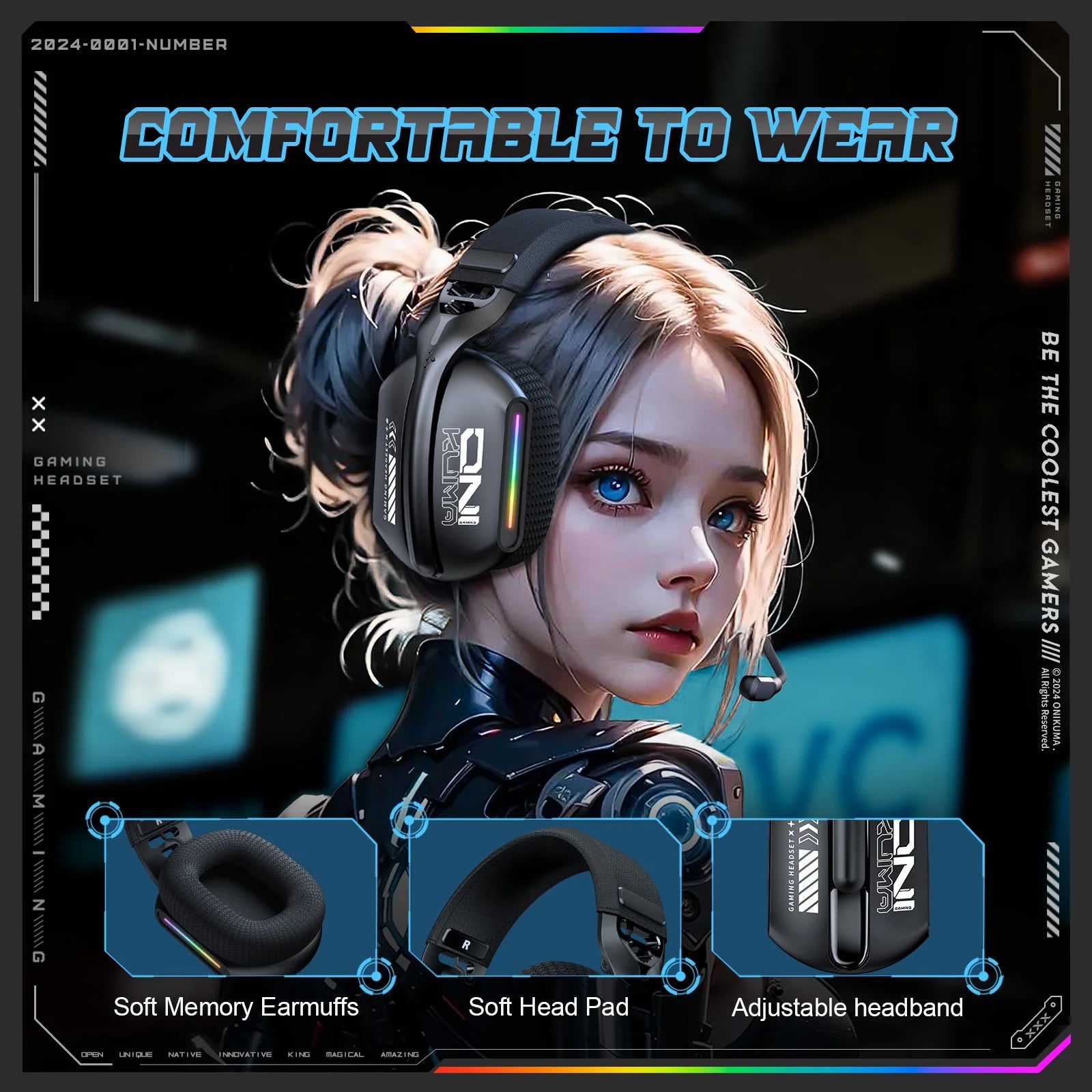 ONIKUMA GT808 — Pro Wireless Headset, 3 Modes, RGB, HD Mic
