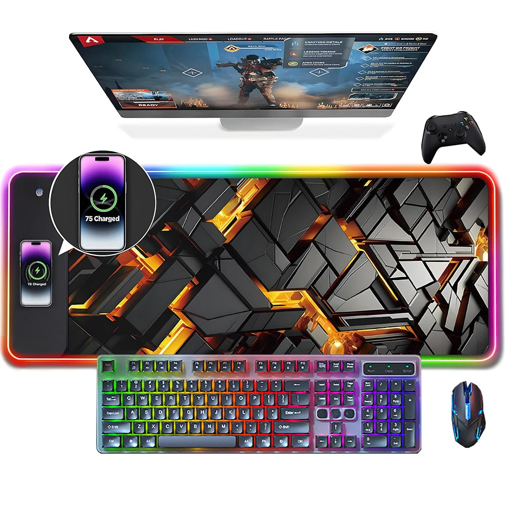 Pro Gaming Desk Mat – RGB LED & Built-in Wireless Charging Pad