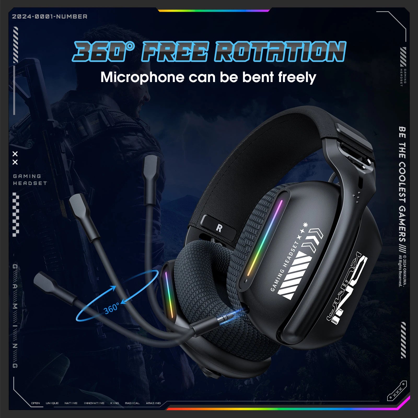 ONIKUMA GT808 — Pro Wireless Headset, 3 Modes, RGB, HD Mic