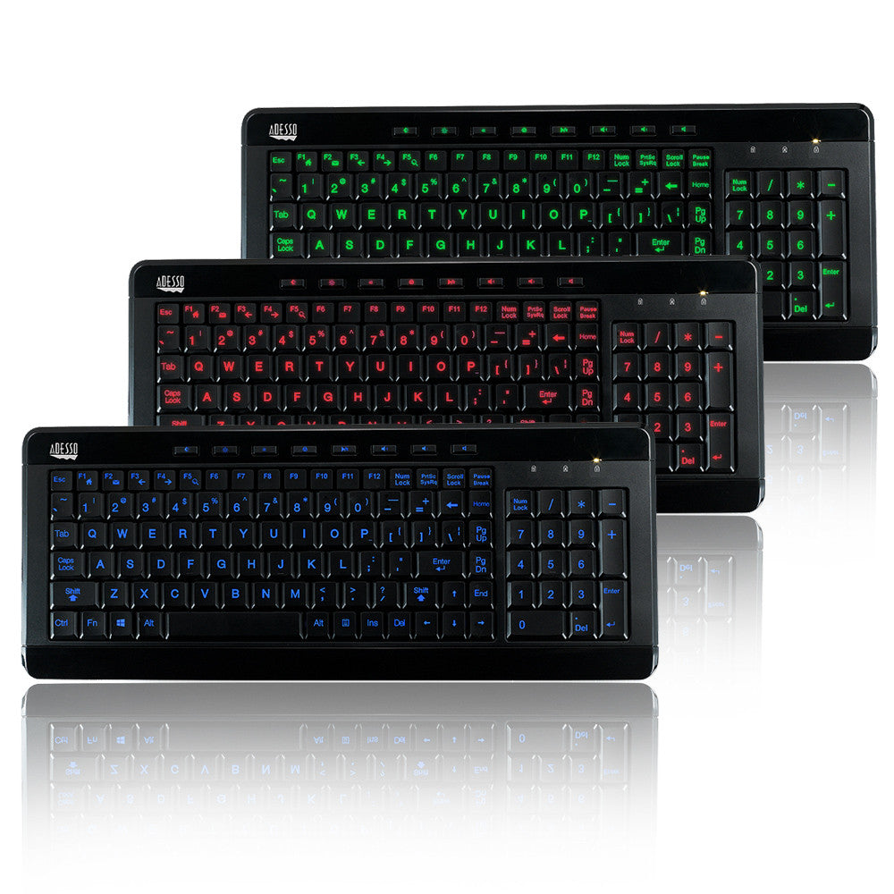 Adesso AKB-120EB 3-Color Illuminated Compact Multimedia Keyboard with Large Print Keys and Hotkeys