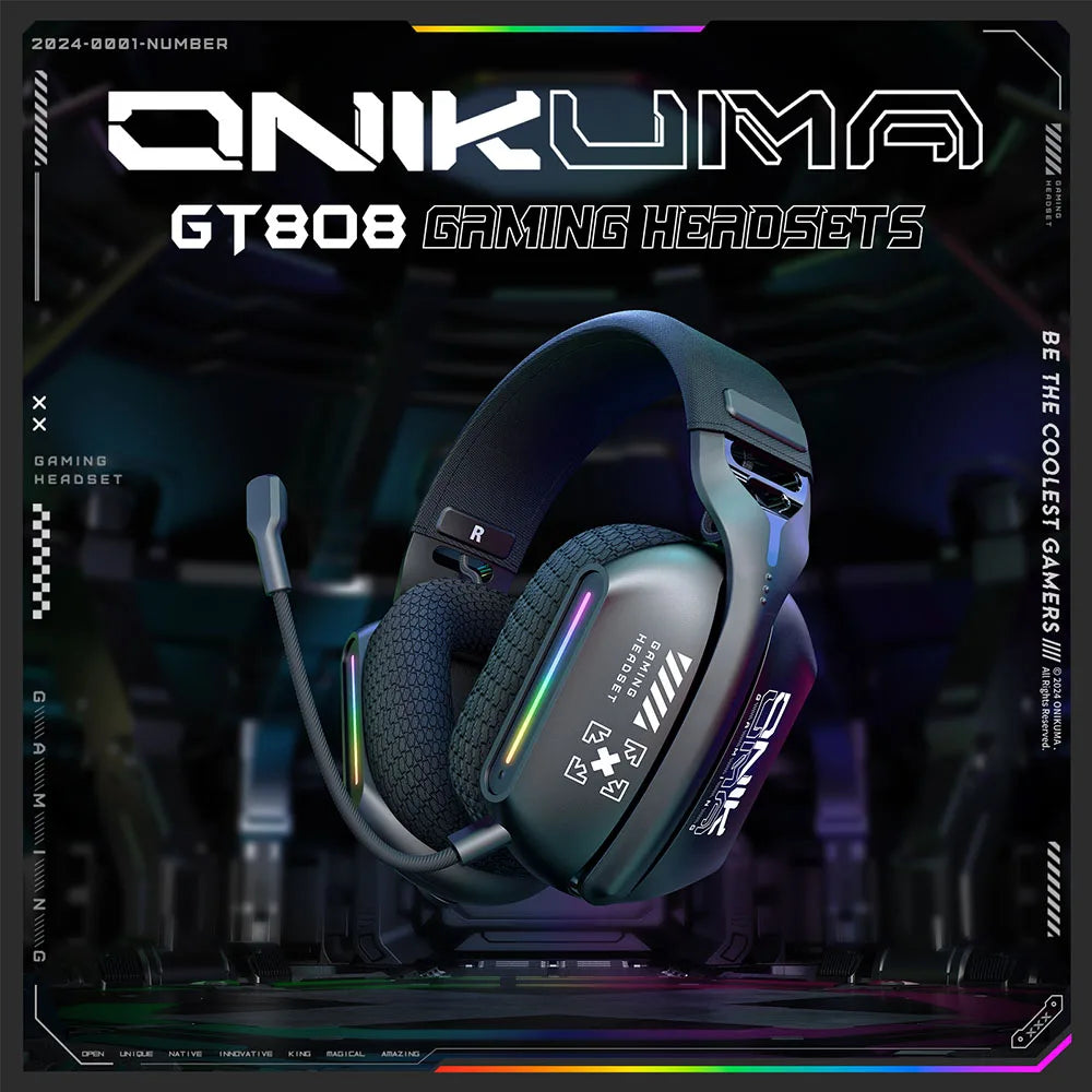 ONIKUMA GT808 — Pro Wireless Headset, 3 Modes, RGB, HD Mic
