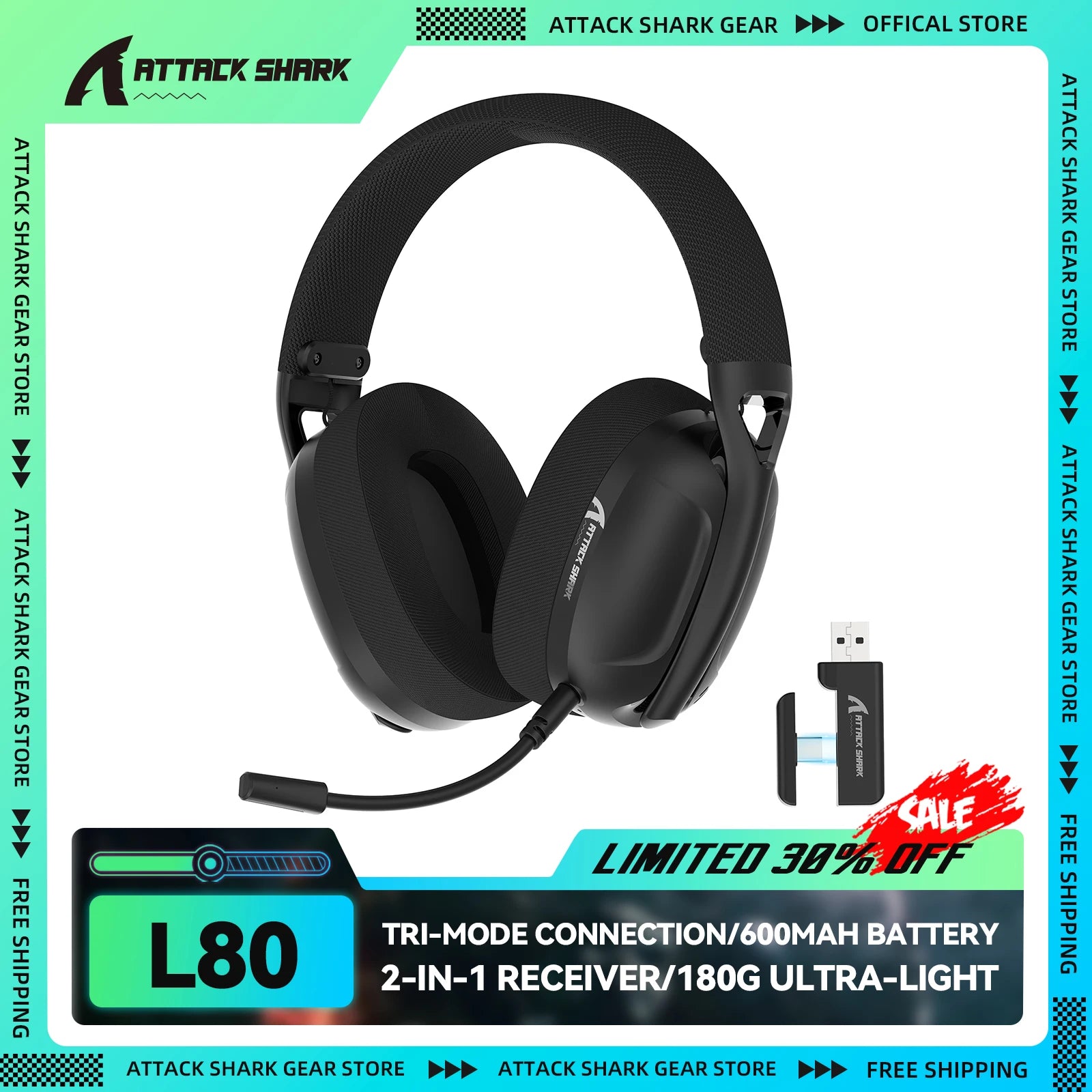 Attack Shark L80 Wireless Gaming Headset | 5.1 Surround, Tri-Mode & Detachable Mic