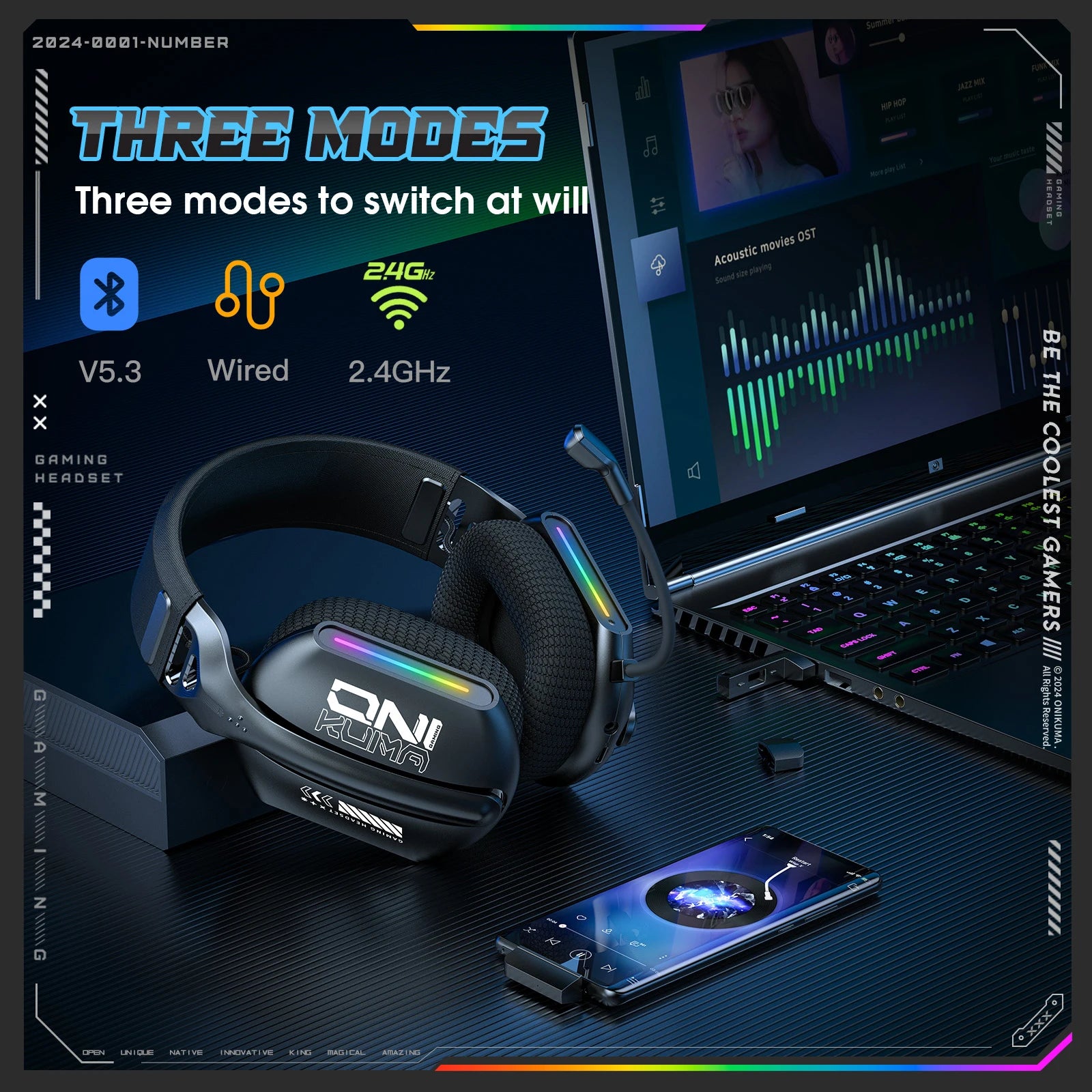 ONIKUMA GT808 — Pro Wireless Headset, 3 Modes, RGB, HD Mic